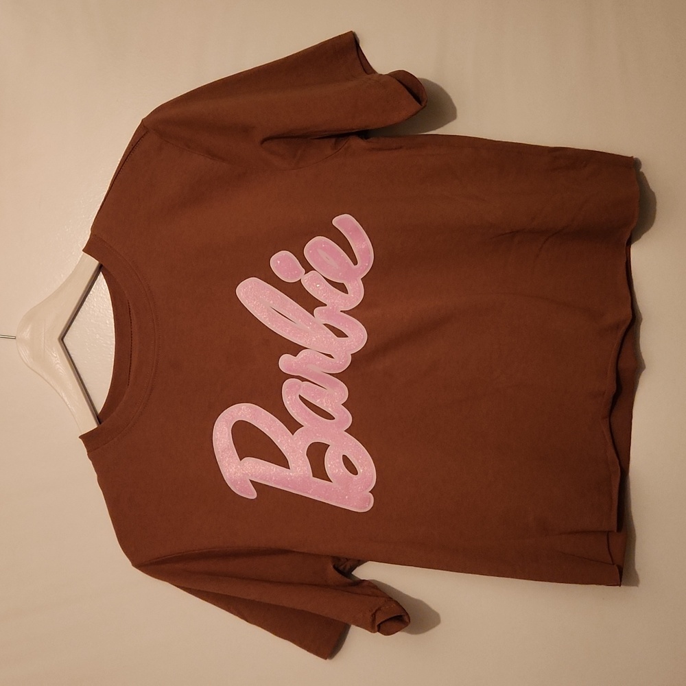 Barbie Crop Top Tee, size Small, Brown with Pink Glitter
